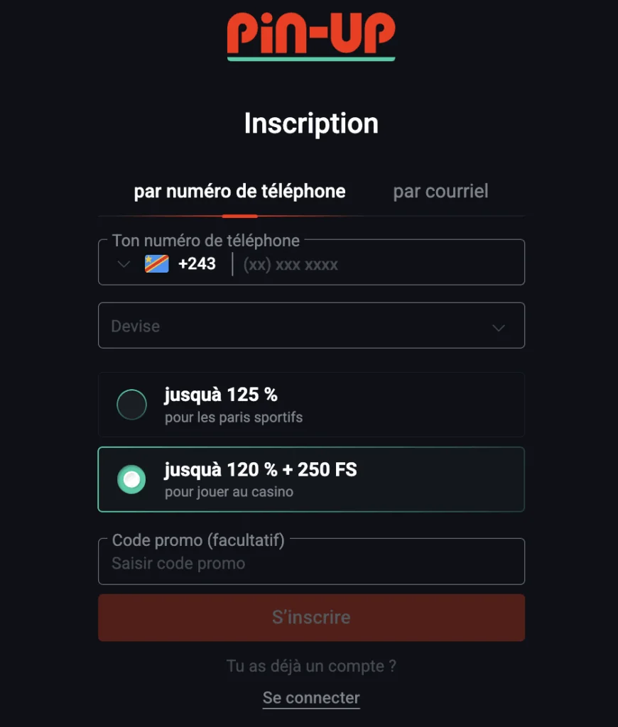 s'inscrire sur Pin Up Casino